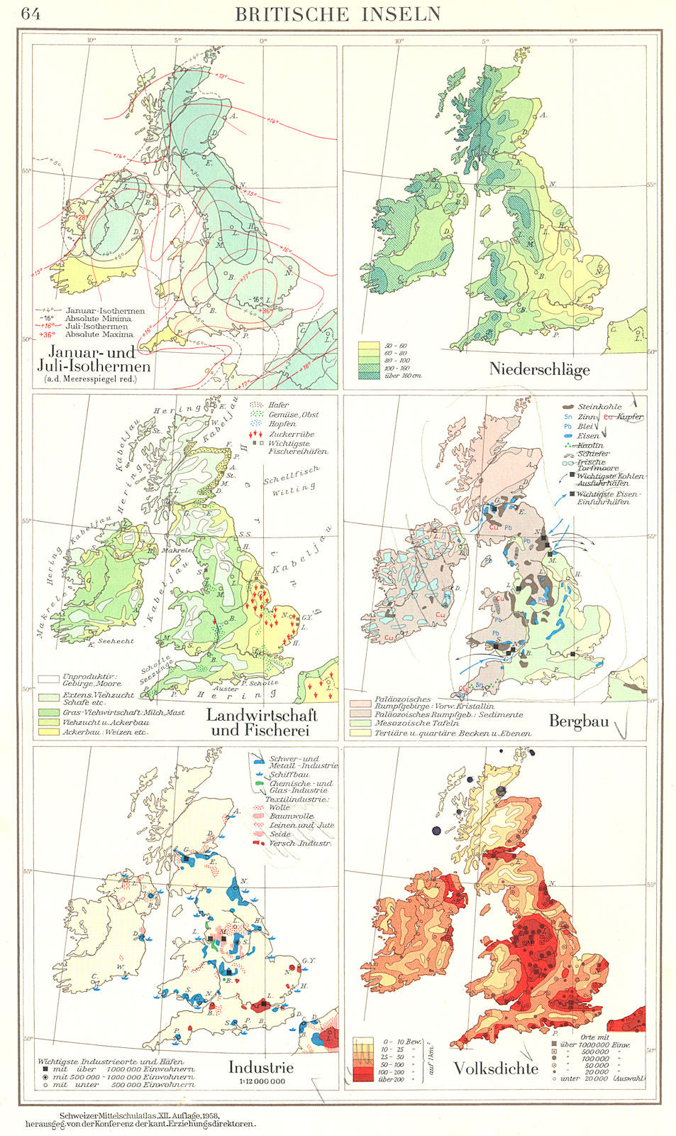 BRITISCHE INSELN.Landwirtschaft Fisch;Bergbau;Industrie;Volksdichte 1958 map